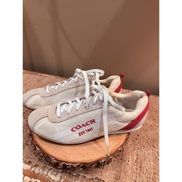 COACH MYLA 1941 SNEAKERS Womens 9M Suede Pink Leather & Beige White Mesh Sleek - Picture 6 of 16